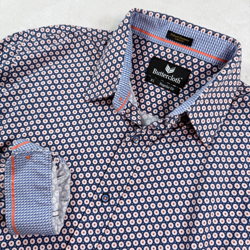 Buttercloth Robert Herjavec Collection Men XL Regular Fit Navy Pink Circle Shirt